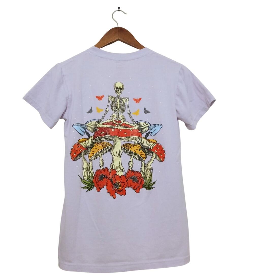 Call Your Mother Graphic Tee Purple Skeleton Mushroom Butterfly Y2K Trippy SZ S